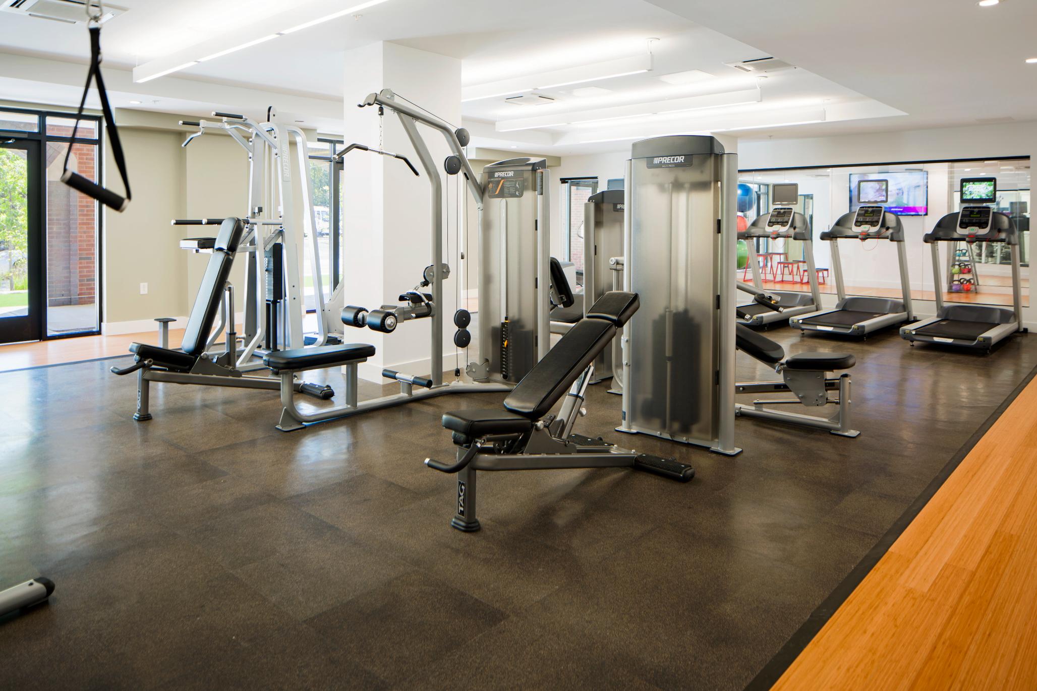 A gym with weight machines, treadmills, and large windows showing outdoor greenery.