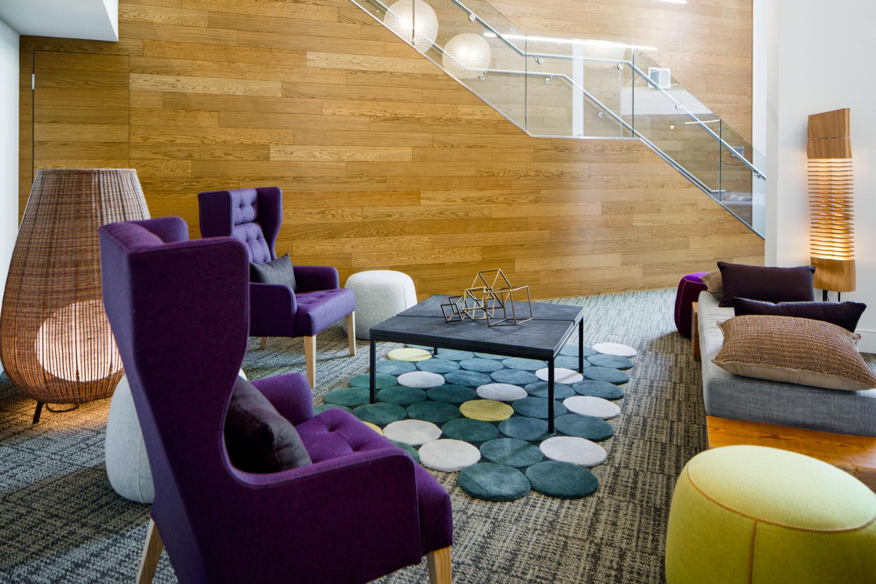 Aerial view of lobby and orb chandeliers